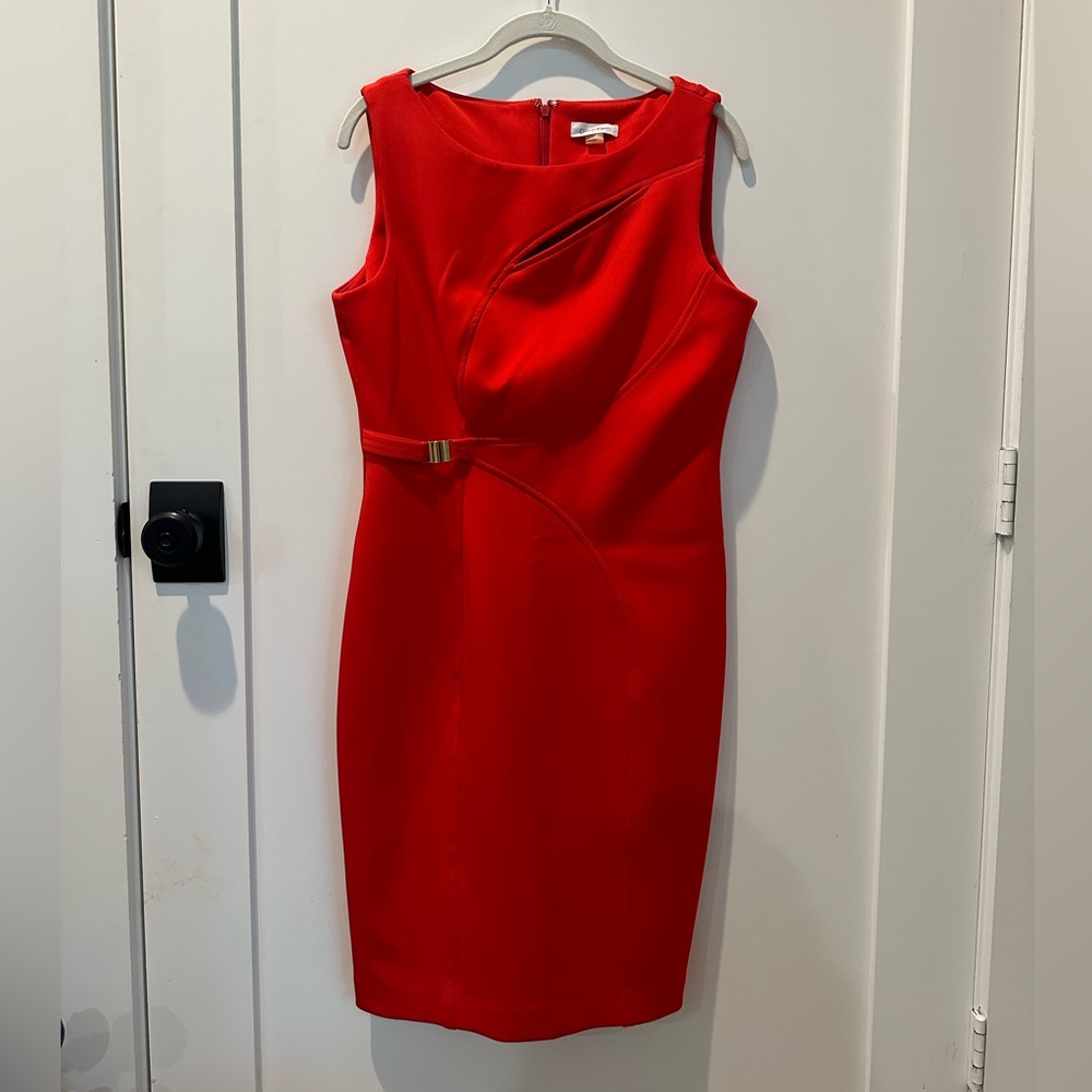 Calvin Klein Sleeveless Sheath Dress | Size 10 | Red with Gold accent